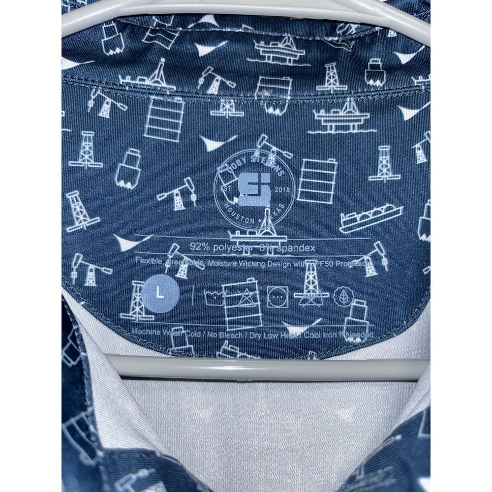 Coby Stevens Men's Golf Polo Size L UPF 50+ Work Logo Stretch Blue Full Print - Picture 3 of 6